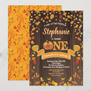 Pumpkin first birthday invitation. Rustic wood Invitation