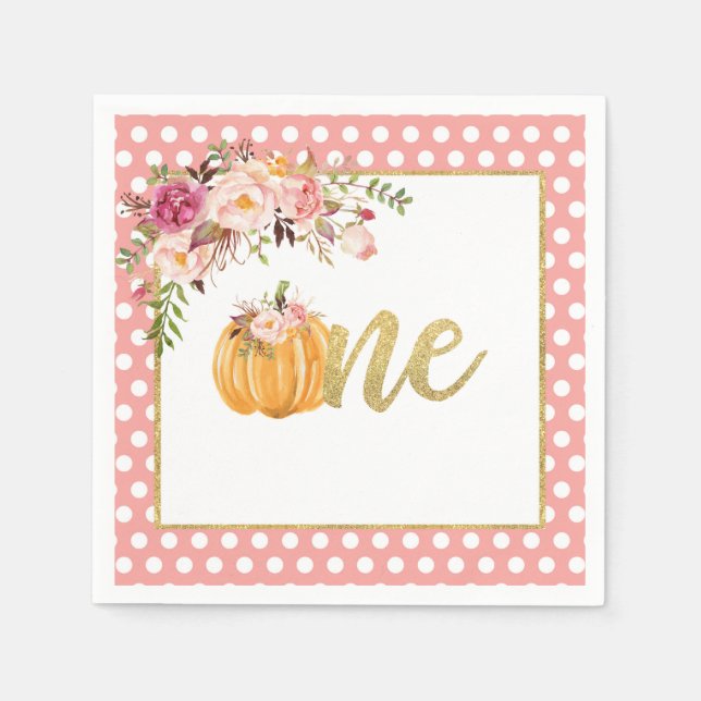 Pumpkin First Birthday Napkin - Floral Pink Dots (Front)