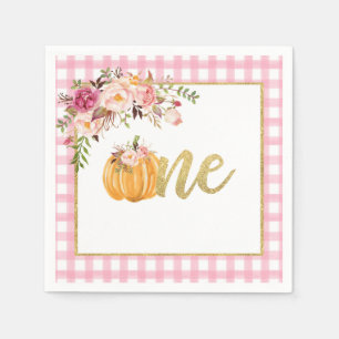 Pumpkin First Birthday Napkin - Floral Pink Plaid