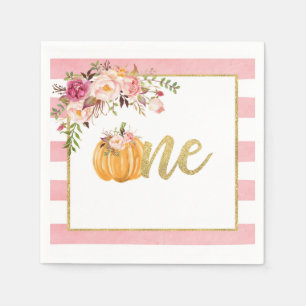 Pumpkin First Birthday Napkin - Floral Pink Stripe