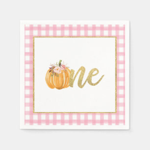 Pumpkin First Birthday Napkin - Girl Pink Plaid