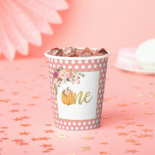 Pumpkin First Birthday Paper Cup - Floral Pink Dot