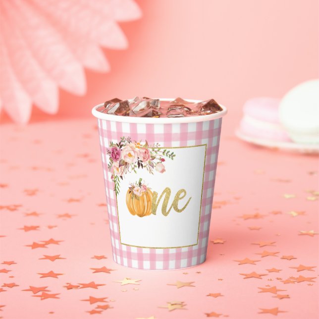 Pumpkin First Birthday Paper Cup - Floral Pink Pl (Insitu)