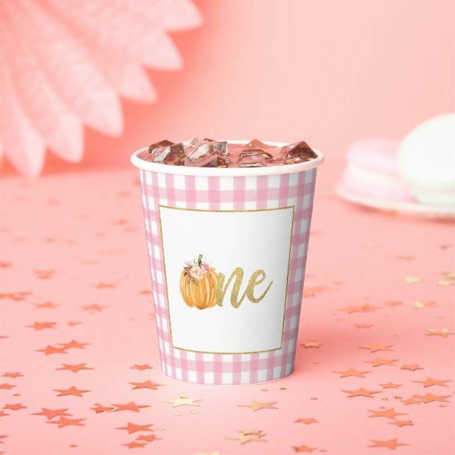 Pumpkin First Birthday Paper Cup - Girl Pink Plaid (Insitu)