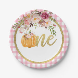 Pumpkin First Birthday Paper Plate - Floral Plaid
