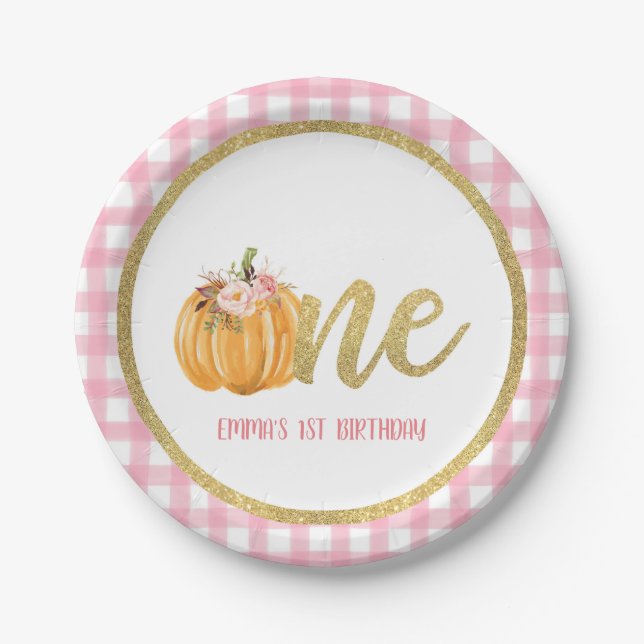 Pumpkin First Birthday Paper Plate - P Gingham C (Front)