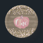 Pumpkin First Birthday Pink and Gold Paper Plates<br><div class="desc">Pumpkin Fall First Birthday Party Paper Plates. Pink and Gold Glitter Confetti Background.</div>