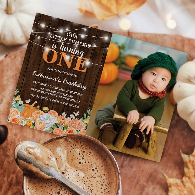 Pumpkin First Birthday | Rustic Fall Photo Invitation (Creator Uploaded)