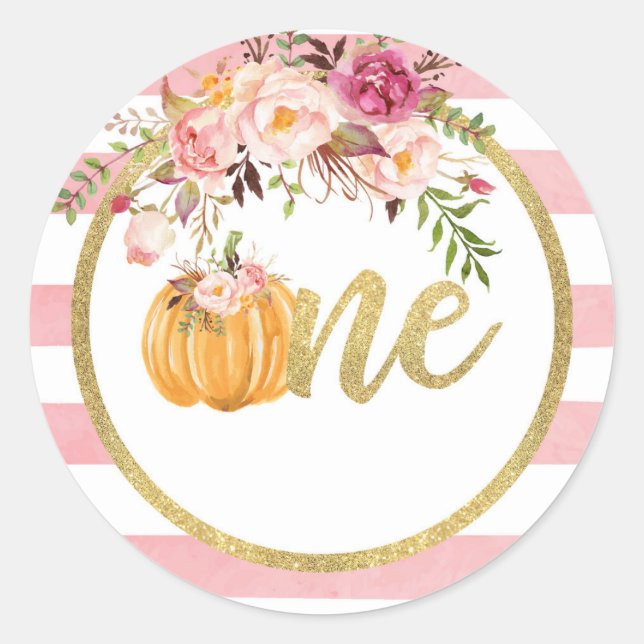 Pumpkin First Birthday Sticker - Floral Stripe (Front)