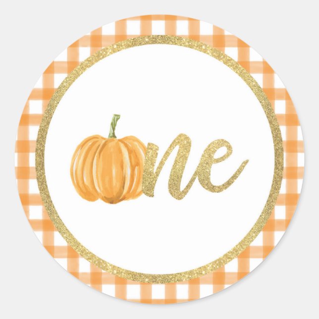 Pumpkin First Birthday Sticker - Orange Plaid (Front)
