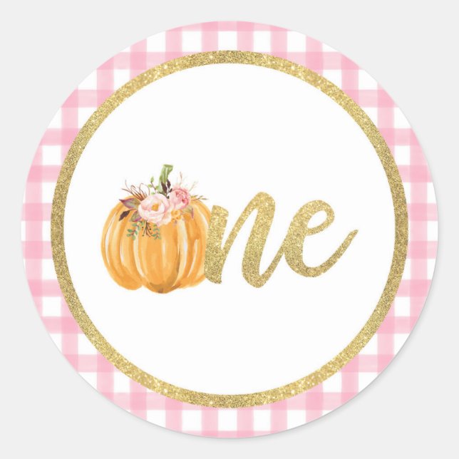 Pumpkin First Birthday Sticker - Pink Plaid (Front)