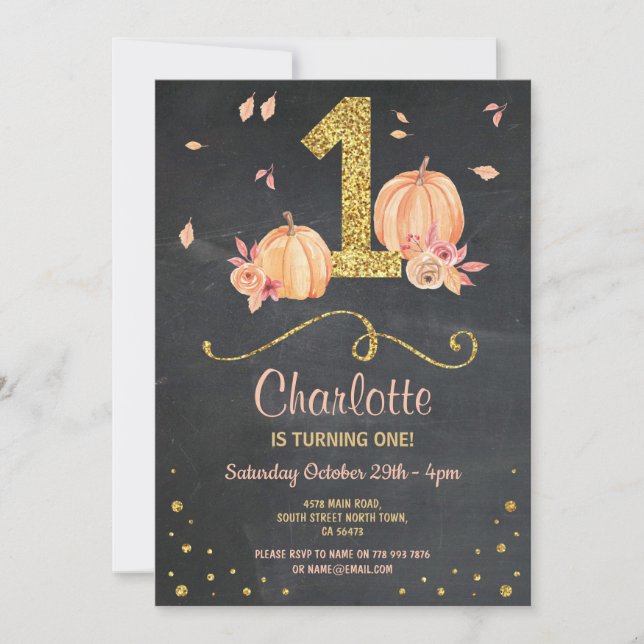 Pumpkin First One Birthday Fall Chalk Invite (Front)