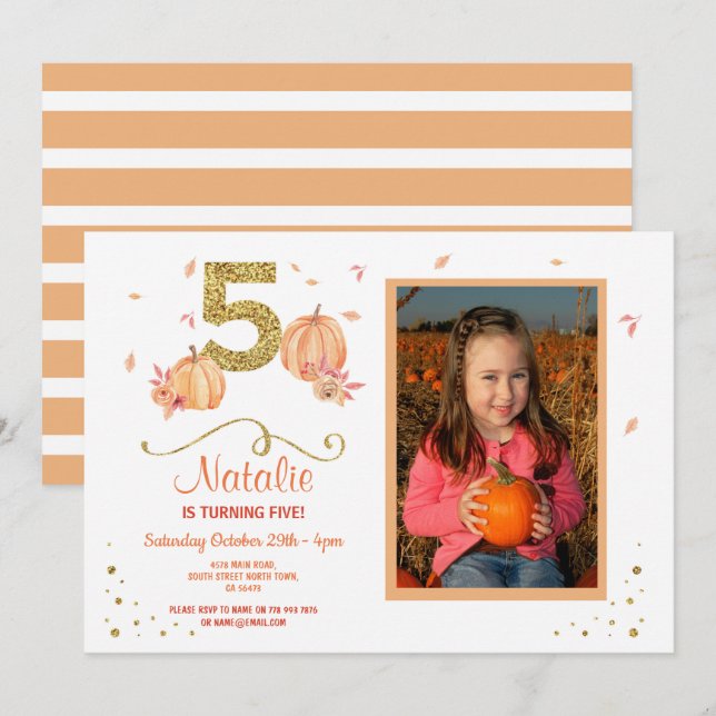 Pumpkin FIVE Birthday 5TH Fall Party Photo Invite (Front/Back)