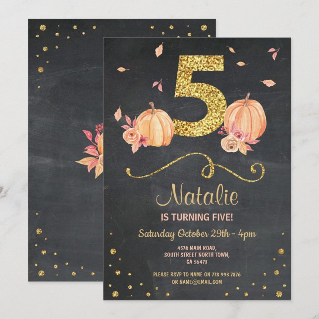 Pumpkin FIVE Birthday 5THh Fall Chalk Gold Invite (Front/Back)