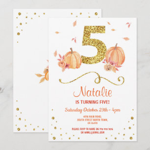 Pumpkin FIVE Birthday 5THh Fall Party Gold Invite