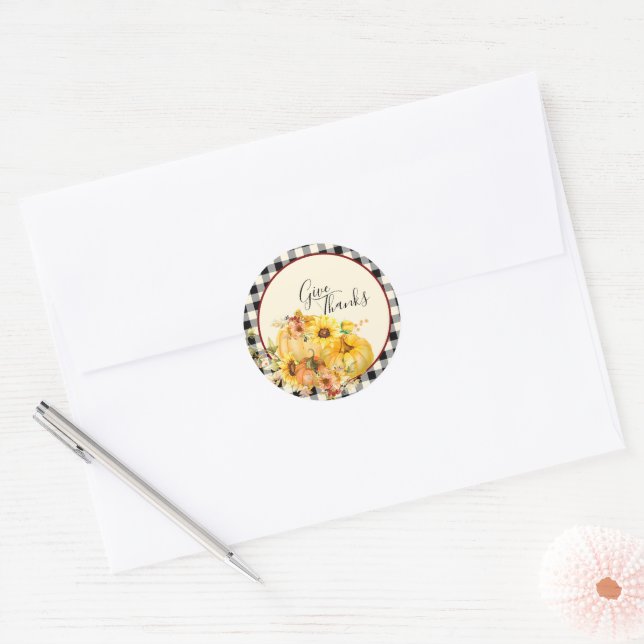 Pumpkin floral and check Thanksgiving   Classic Round Sticker (Envelope)