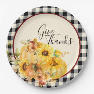 Pumpkin floral and check Thanksgiving Paper Plate