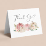 Pumpkin Floral Baby Girl Shower Thank You Card<br><div class="desc">Elegant thank you card for your baby girl shower featuring "Thank You" in a stylish script with a heart swash and watercolors of pink and white pumpkins and floral bouquets. On the inside, personalize your thank you message in simple modern typography and add your names in a signature-like script, or...</div>