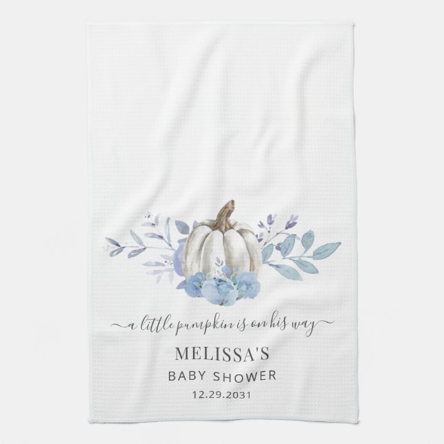 Pumpkin Floral Baby Shower Dusty Blue Kitchen Towel (Vertical)