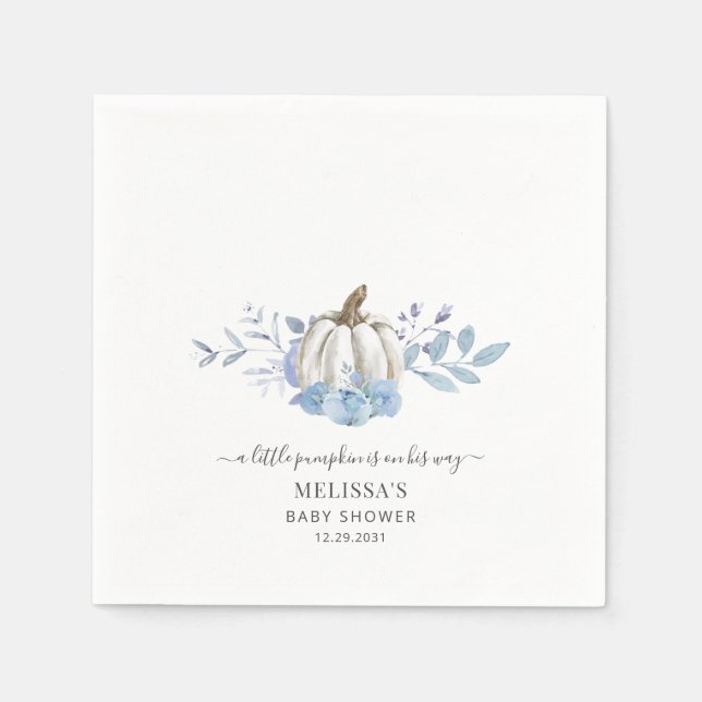 Pumpkin Floral Baby Shower Dusty Blue Napkin (Front)