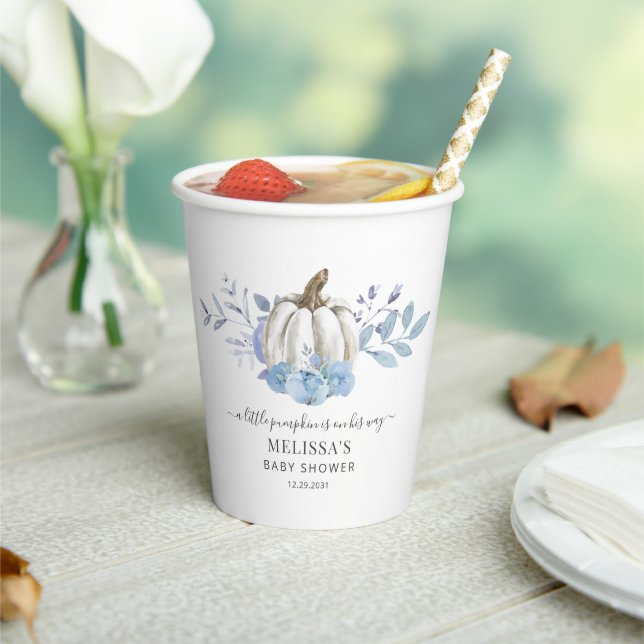 Pumpkin Floral Baby Shower Dusty Blue Paper Cups (Insitu)