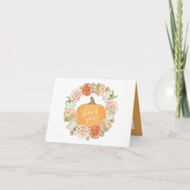Pumpkin Floral Fall in Love Fall Bridal Shower Thank You Card (Front)