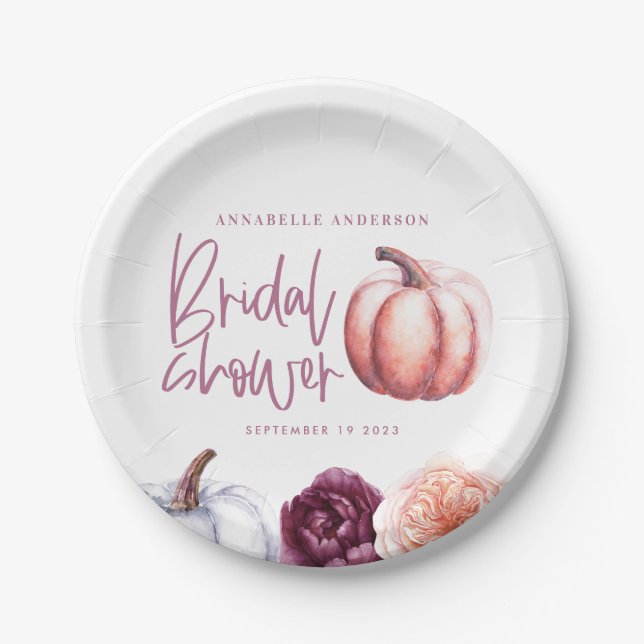 pumpkin floral fall purple peach bridal shower paper plate (Front)