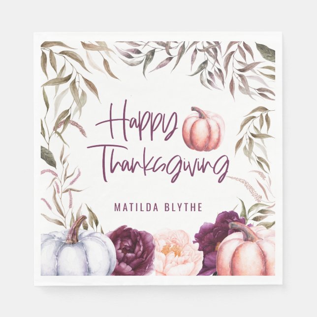 pumpkin floral fall thanksgiving party napkin (Front)