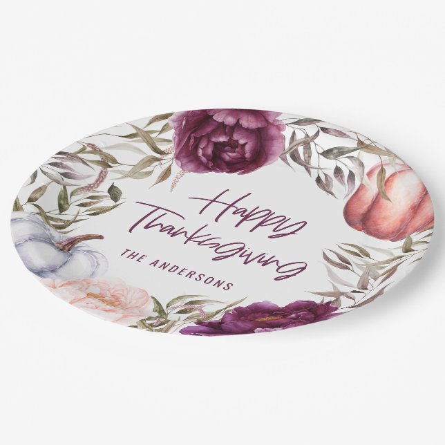 pumpkin floral fall thanksgiving party paper plate (Angled)