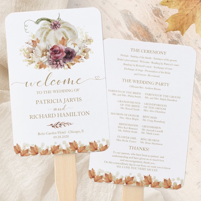 Pumpkin Floral Fall Wedding Ceremony Program Hand Fan (Creator Uploaded)