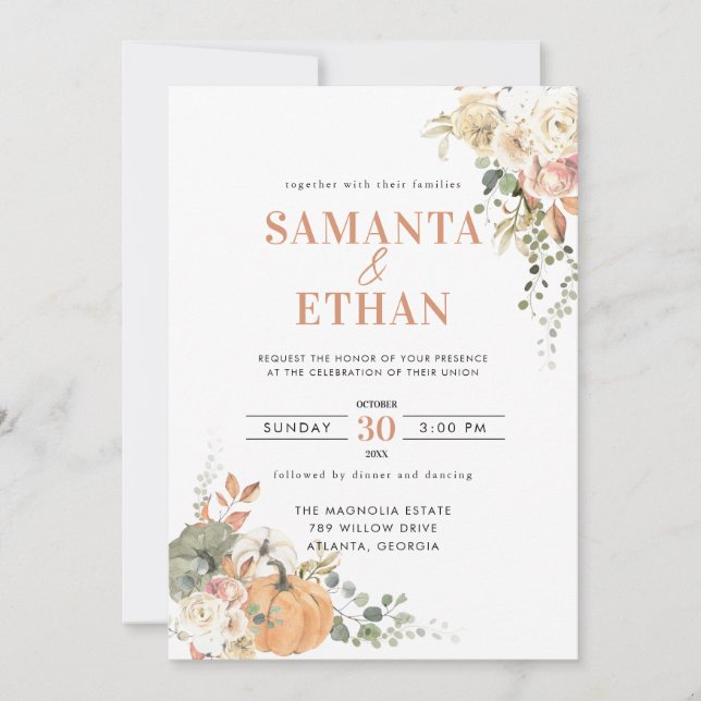 Pumpkin Floral Fall Wedding Invitation (Front)
