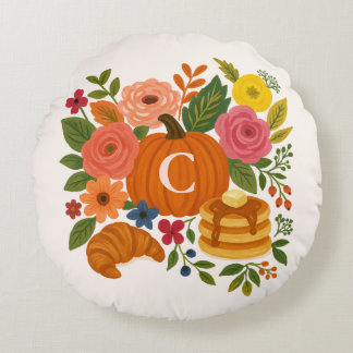 Pumpkin Floral Monogram Round Pillow Fall