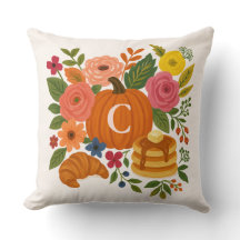 Pumpkin Floral Monogram Throw Pillow