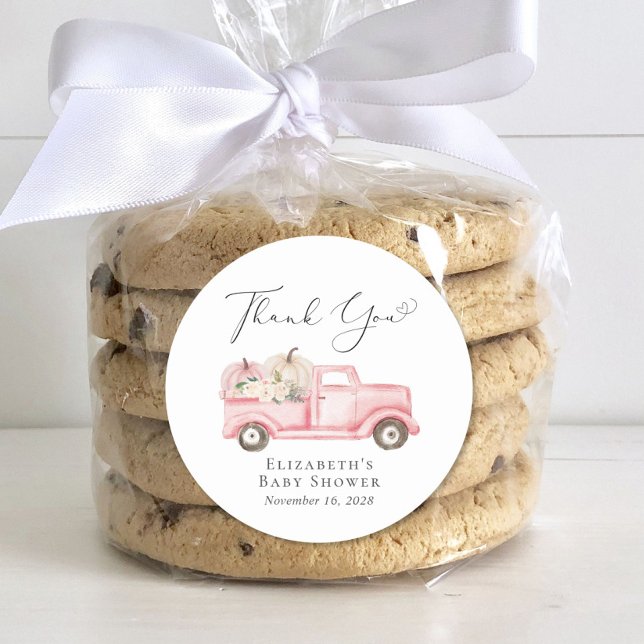Pumpkin Floral Truck Baby Girl Shower Thank You Classic Round Sticker (Creator Uploaded)