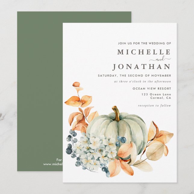 Pumpkin & Florals Wedding Invitation Fall Colours (Front/Back)
