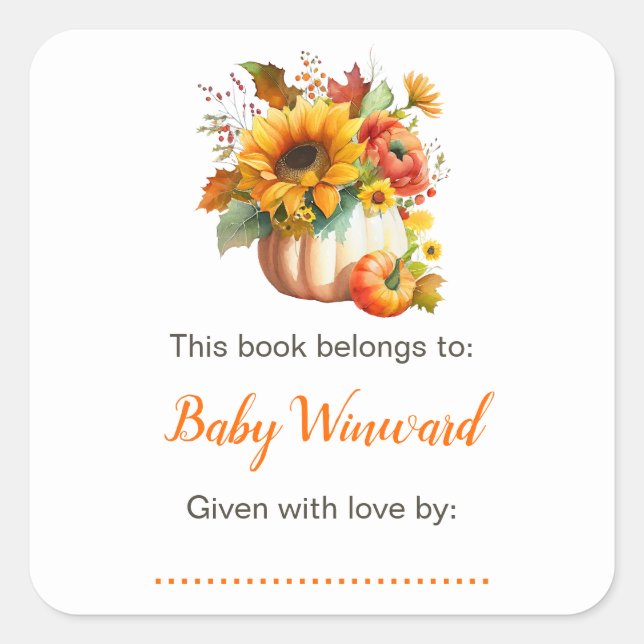 Pumpkin Flower Bouquet Baby Shower Bookplate Square Sticker (Front)