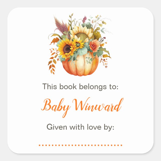 Pumpkin Flower Bouquet Baby Shower Bookplate Square Sticker (Front)