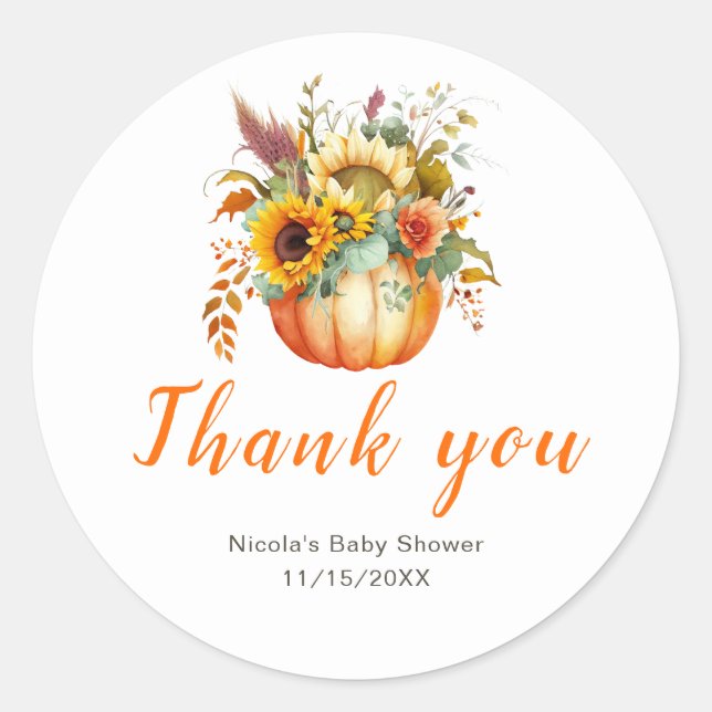 Pumpkin Flower Bouquet Baby Shower Classic Round Sticker (Front)