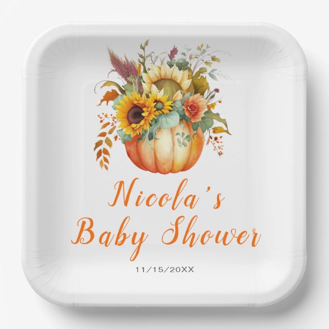 Pumpkin Flower Bouquet Baby Shower Paper Plate (Front)