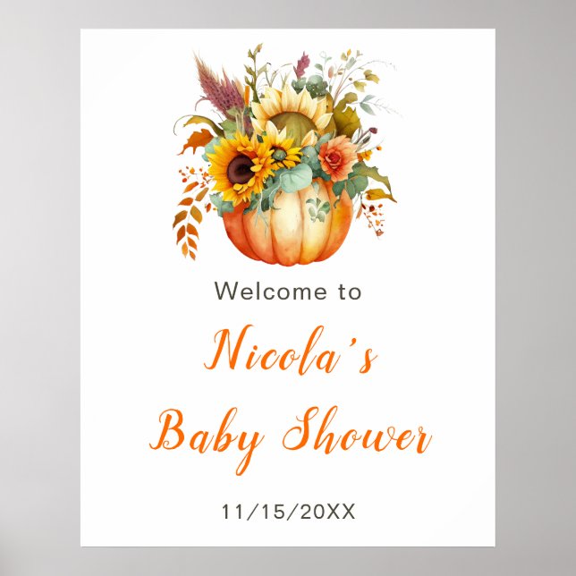 Pumpkin Flower Bouquet Baby Shower Welcome Sign (Front)