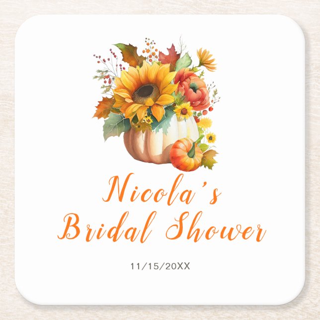 Pumpkin Flower Bouquet Bridal Shower Square Paper Coaster (Front)