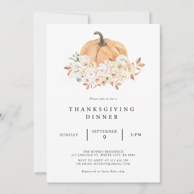 Pumpkin Flower Thanksgiving Dinner Invitation (Front)