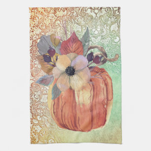 Pumpkin flowers and lace fall elegant  kitchen towel