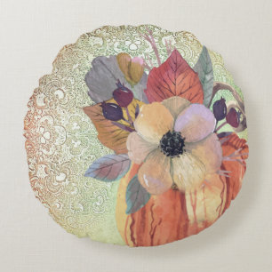 Pumpkin flowers and lace fall elegant round pillow