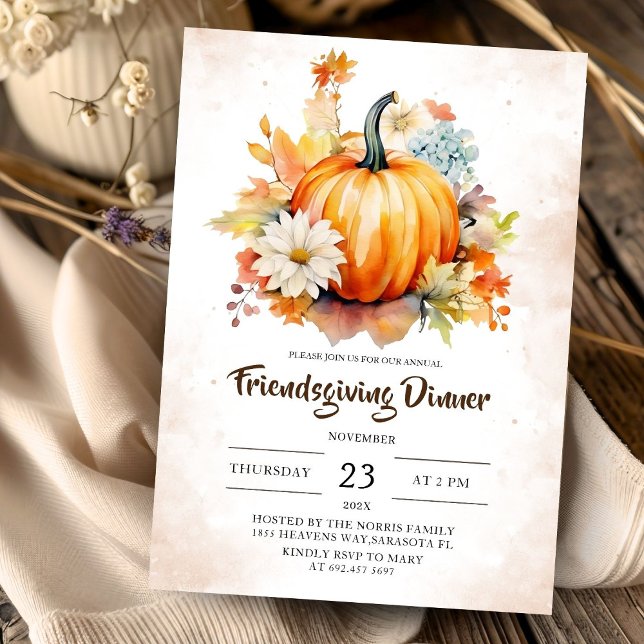 Pumpkin Friendsgiving Dinner Floral Watercolor Invitation (Creator Uploaded)