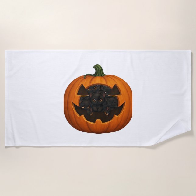 Pumpkin Full of Kittens - Cute Black Cat Halloween Beach Towel (Front)