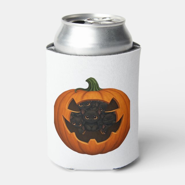 Pumpkin Full of Kittens - Cute Black Cat Halloween Can Cooler (Can Front)