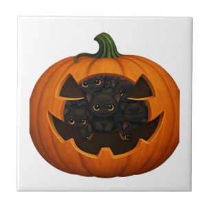 Pumpkin Full of Kittens - Cute Black Cat Halloween Tile