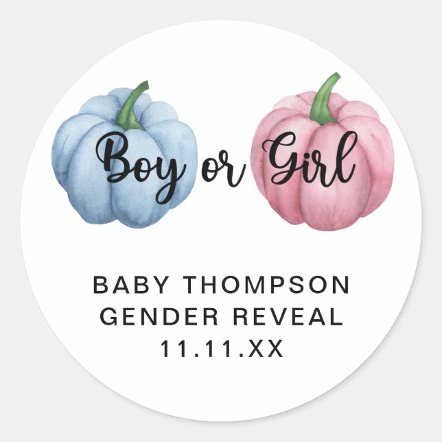 Pumpkin gender reveal classic round sticker (Front)