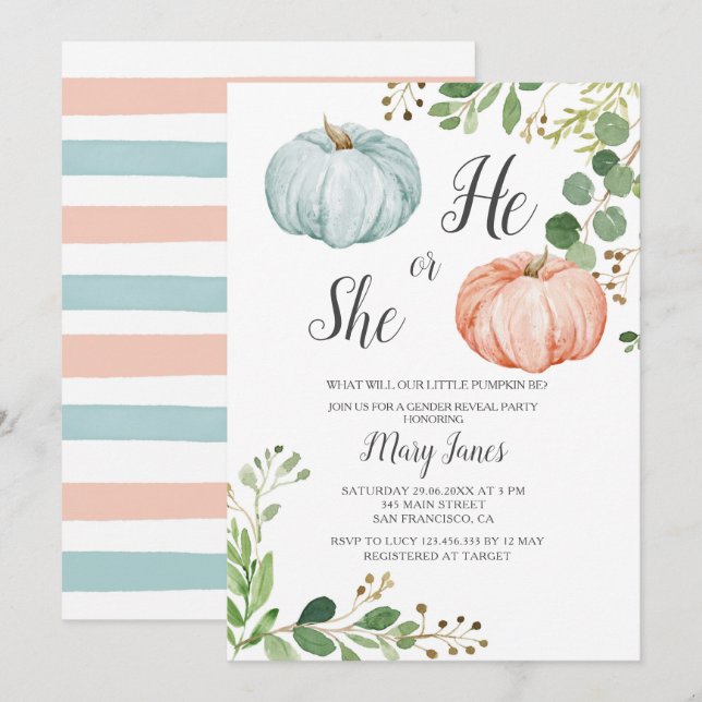 Pumpkin Gender Reveal Greenery Invitation (Front/Back)